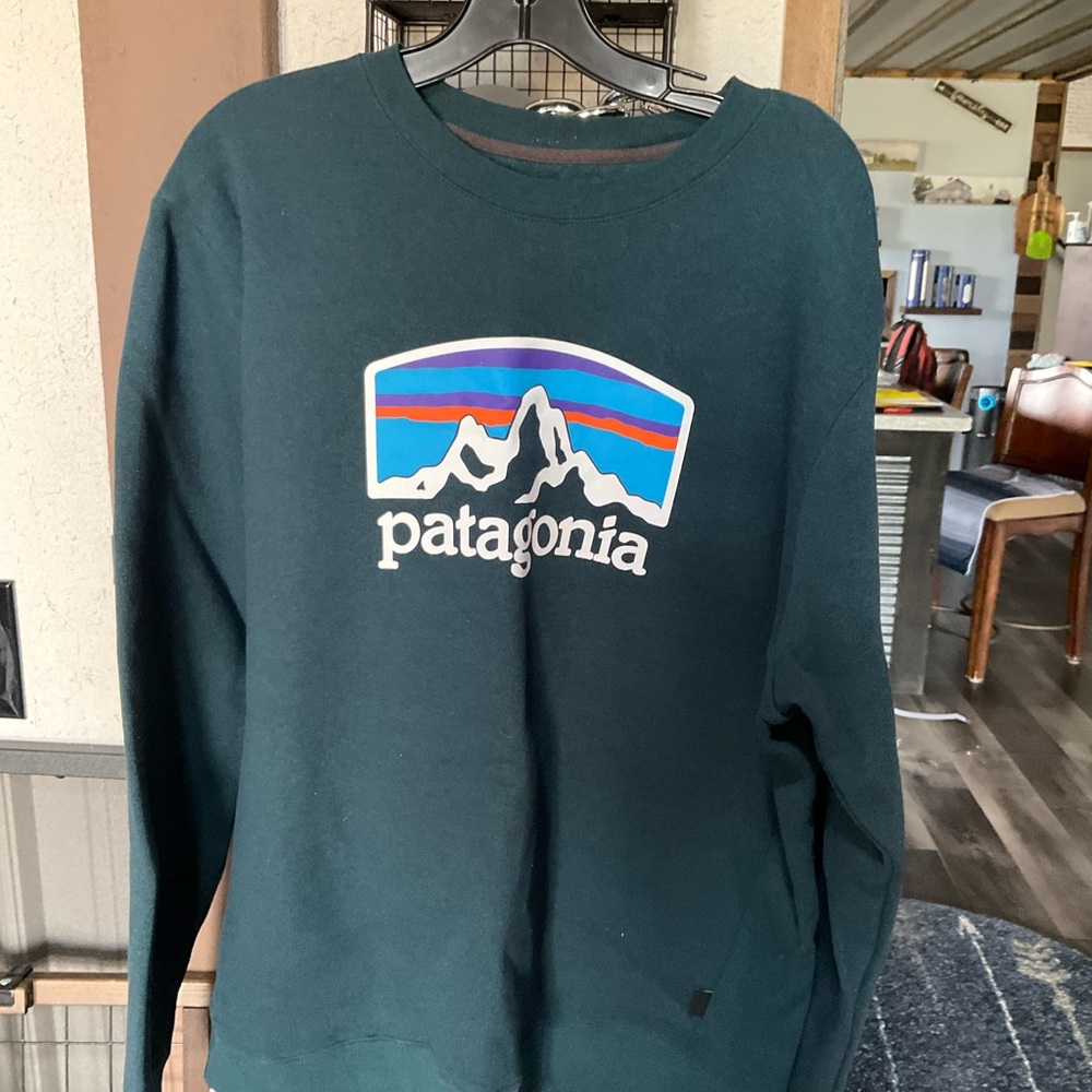 Patagonia Men's Dark Teal Crewneck Sweatshirt with Multi-Color Logo